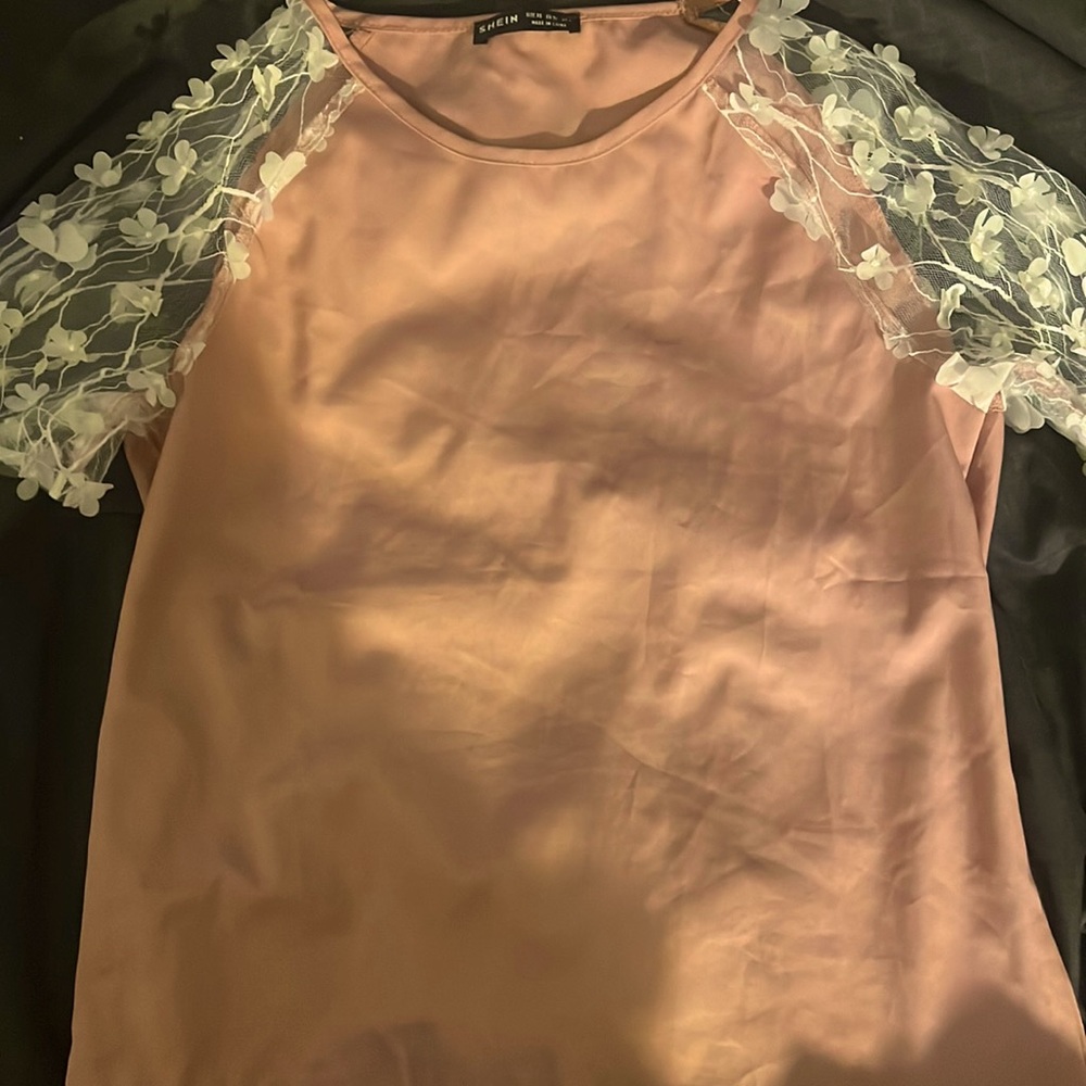 NWOT-Shein-XS, SO CUTE! Dusty Rose & White, Silky & Sheer Lace shrt Slv w/Flower